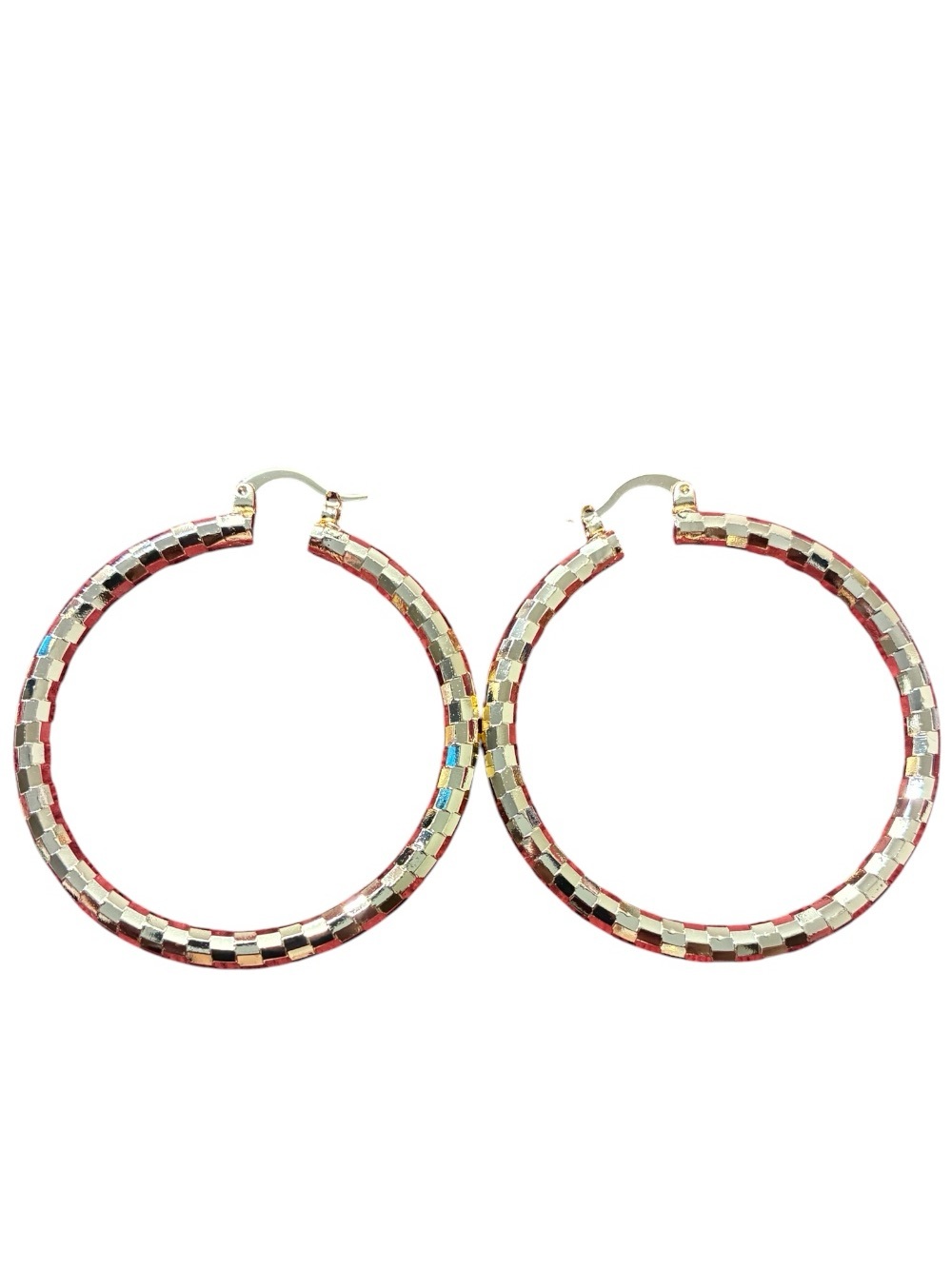 Gold and Red Checker Hoop Earrings - Women Jewelry